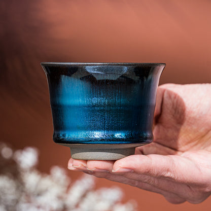 星窯 蓝色银毫建盞 竹节杯建盏 純手工製作 茶杯 咖啡杯 主人杯
