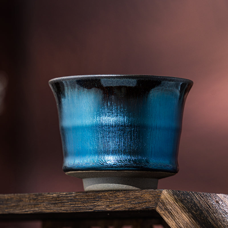 星窯 蓝色银毫建盞 竹节杯建盏 純手工製作 茶杯 咖啡杯 主人杯